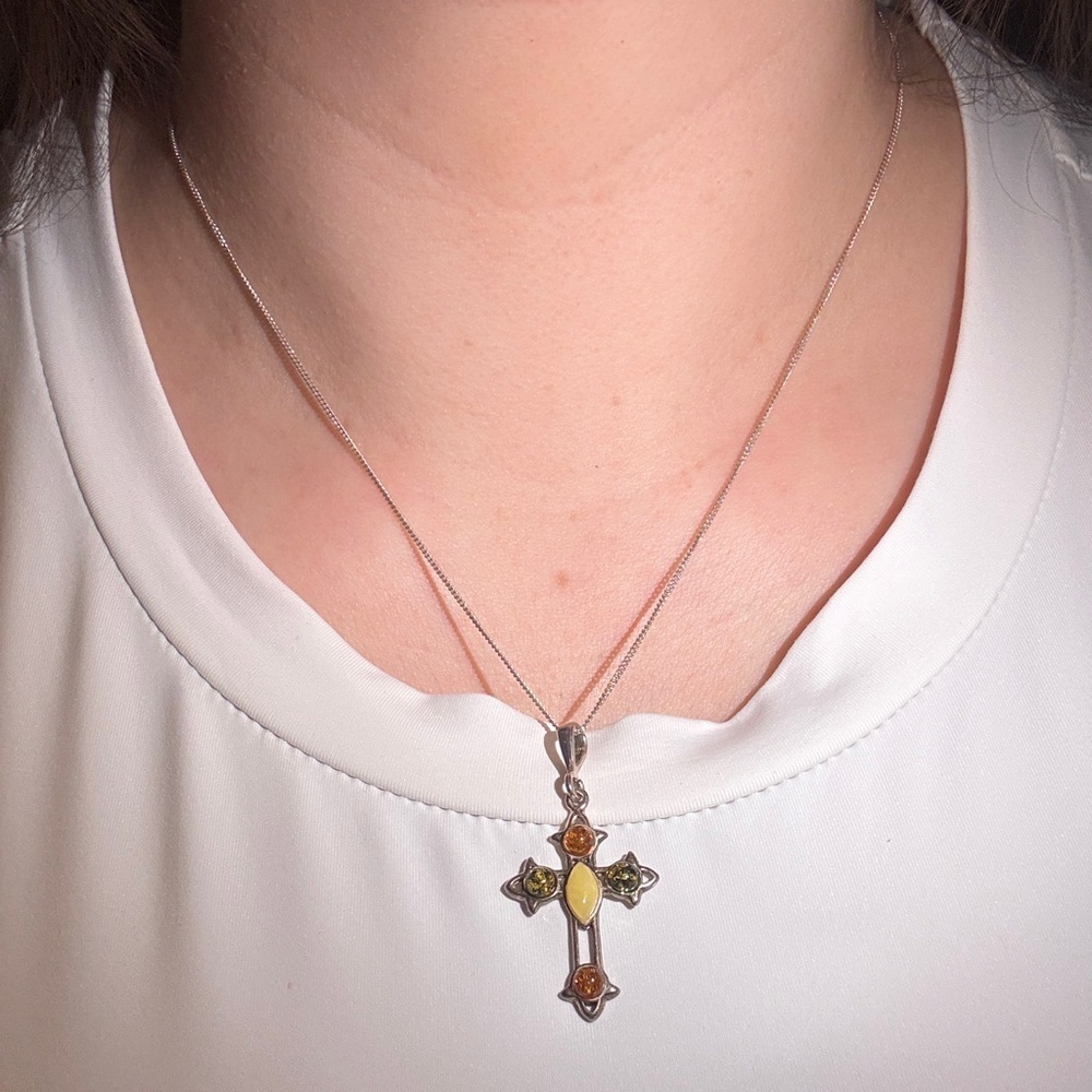 Elegant Cross Pendant Necklace with Orange and Yellow Accents
